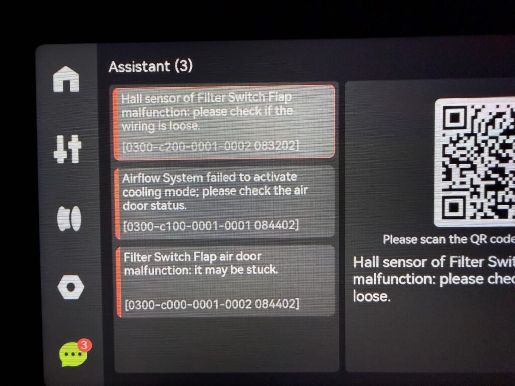 Bambu Lab P2S 3D printer display, showing three complex error messages